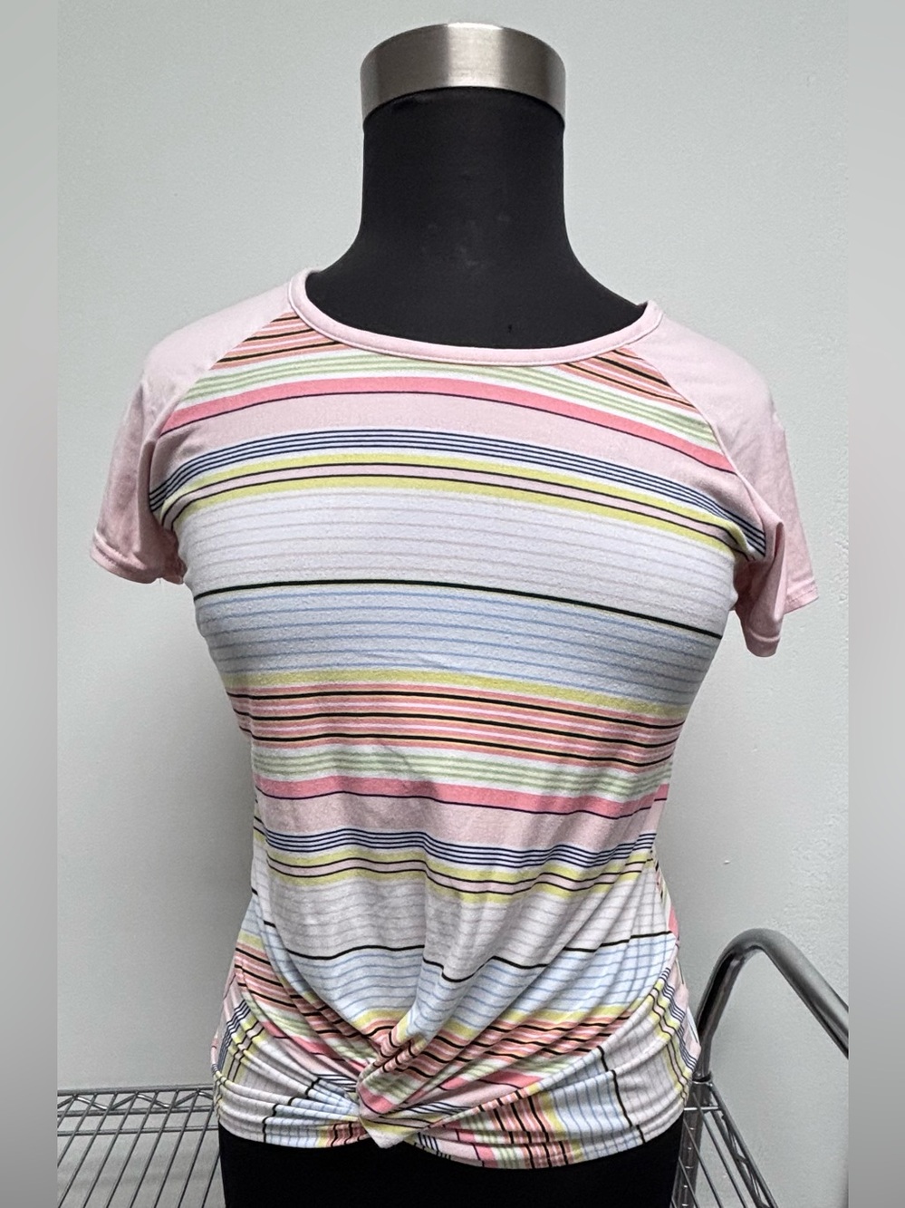 Just Be Multicolor Pastel Striped Knot Front Tee – Size Medium